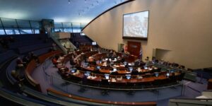 Council meeting in Toronto City Hall on Dec. 14, 2022, wide view of council chambers.